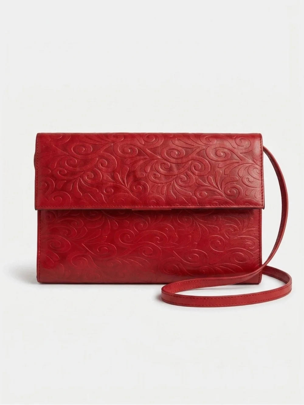 Red Embossed Leather Crossbody Clutch